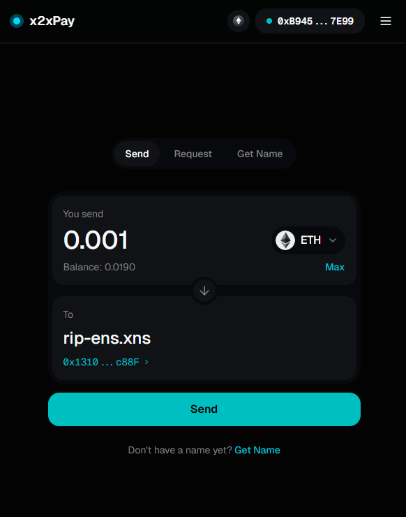 Sending crypto to rip-ens.xns on x2xPay